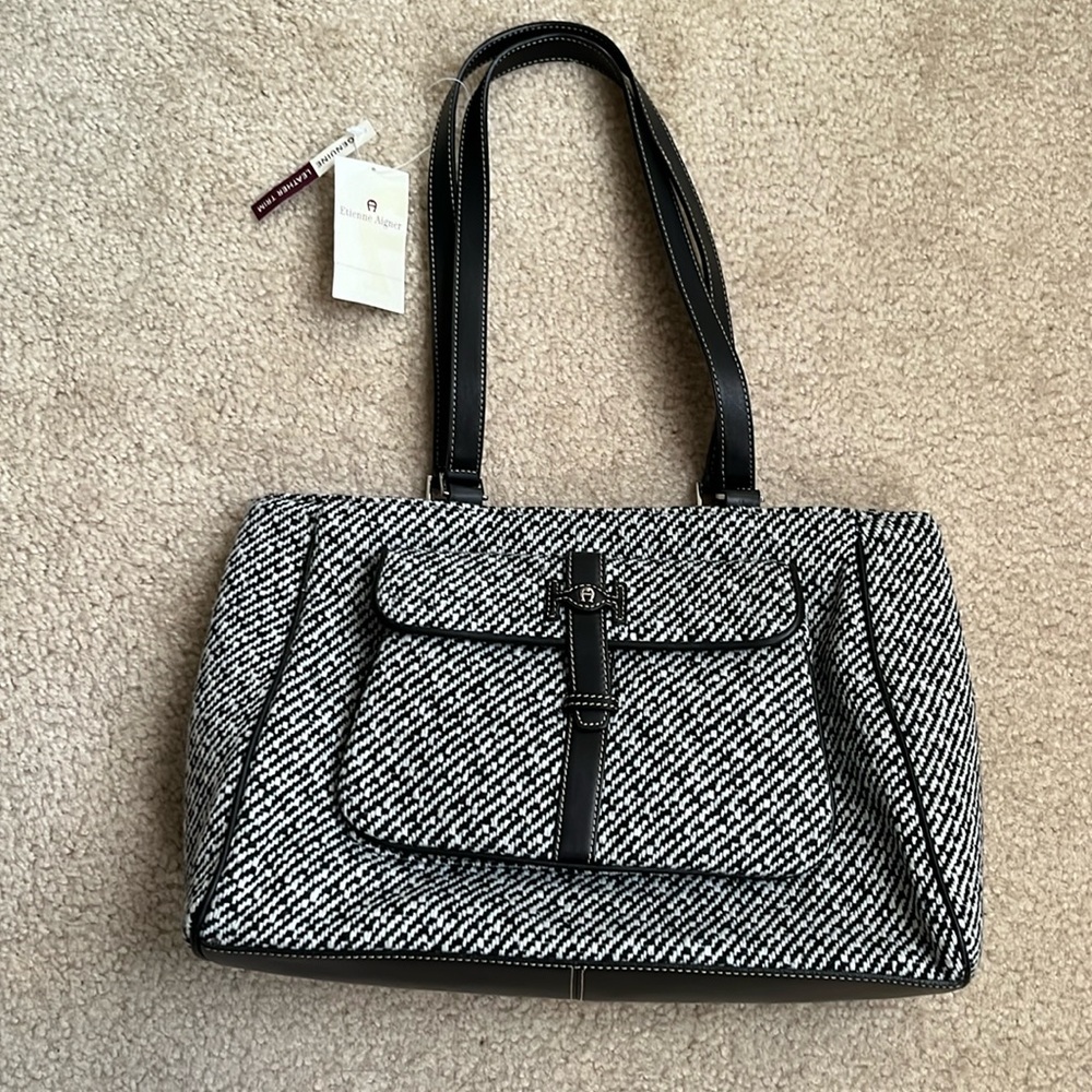 ETIENNE AIGNER Striped Fabric Tote Bag w/ Genuine Leather Trim